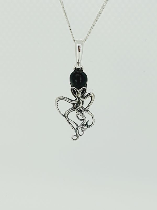 Sterling Silver Octopus Pendant set with whitby Jet | Black Pearl Whitby