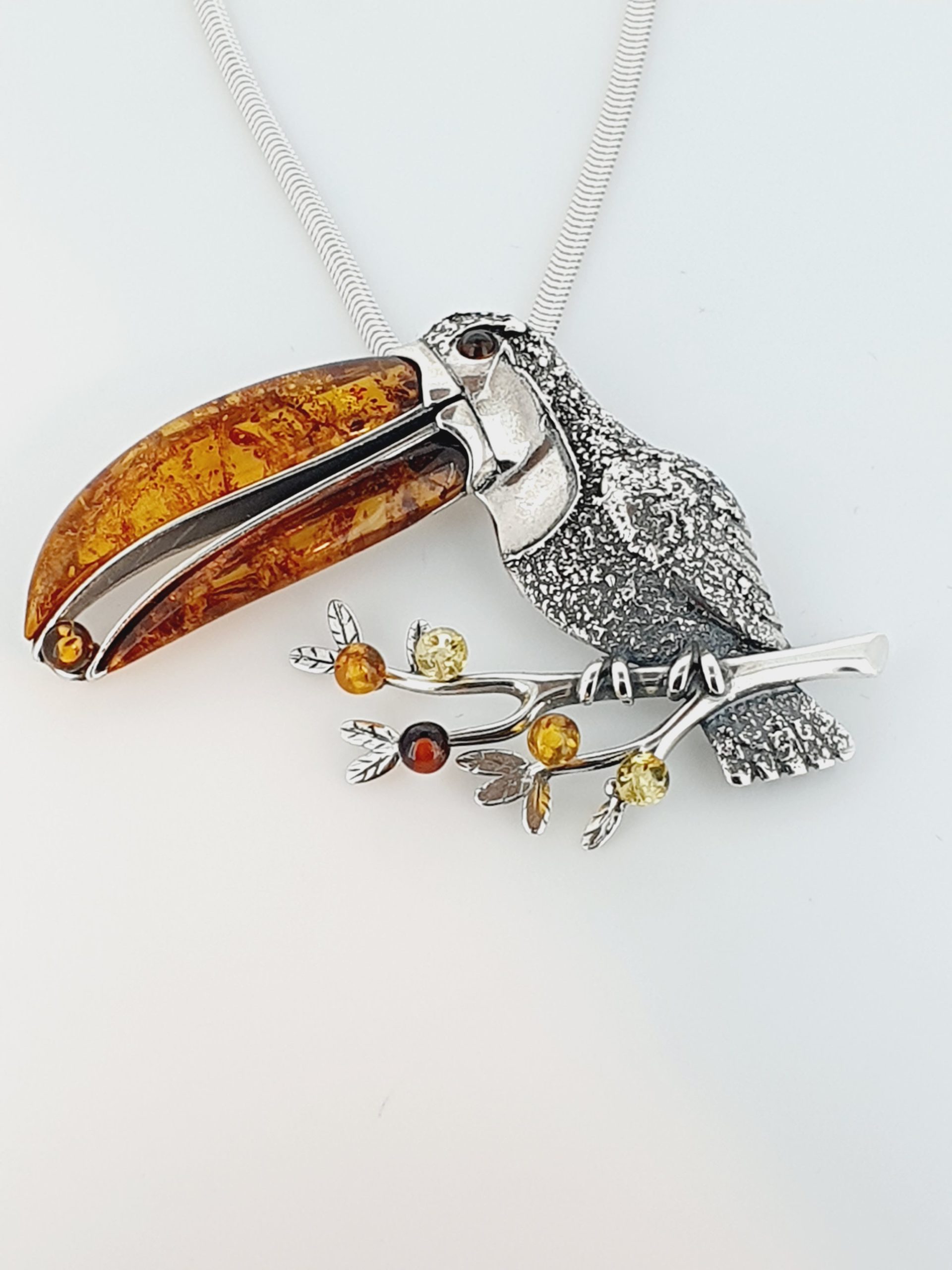 Baltic Amber sterling silver Large Toucan Pendant | Black Pearl Whitby